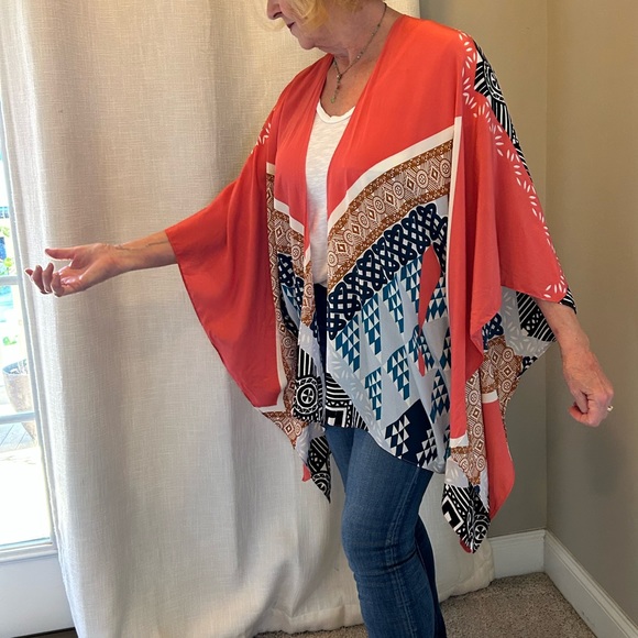 Matison Stone Silk Kimono, Open Front in Orange Teal Black Grey Rust - Picture 4 of 12